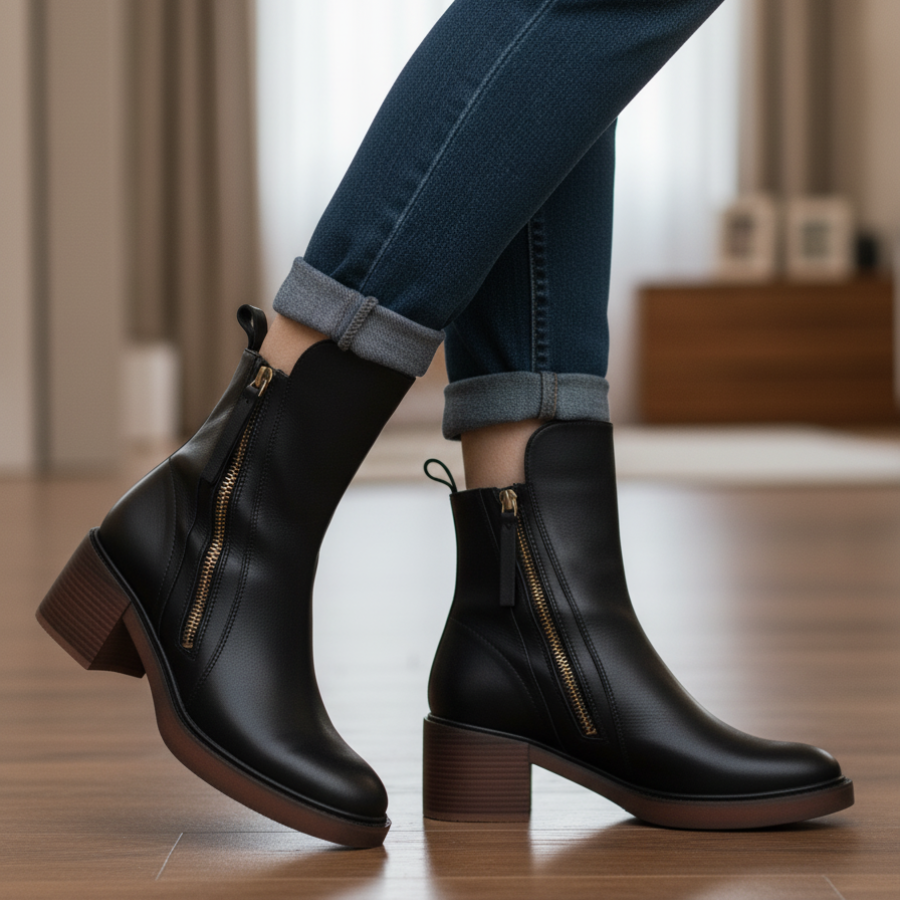 Valorine™ |  Svarta läderstövletter med bekväm klack, eleganta och tidlösa